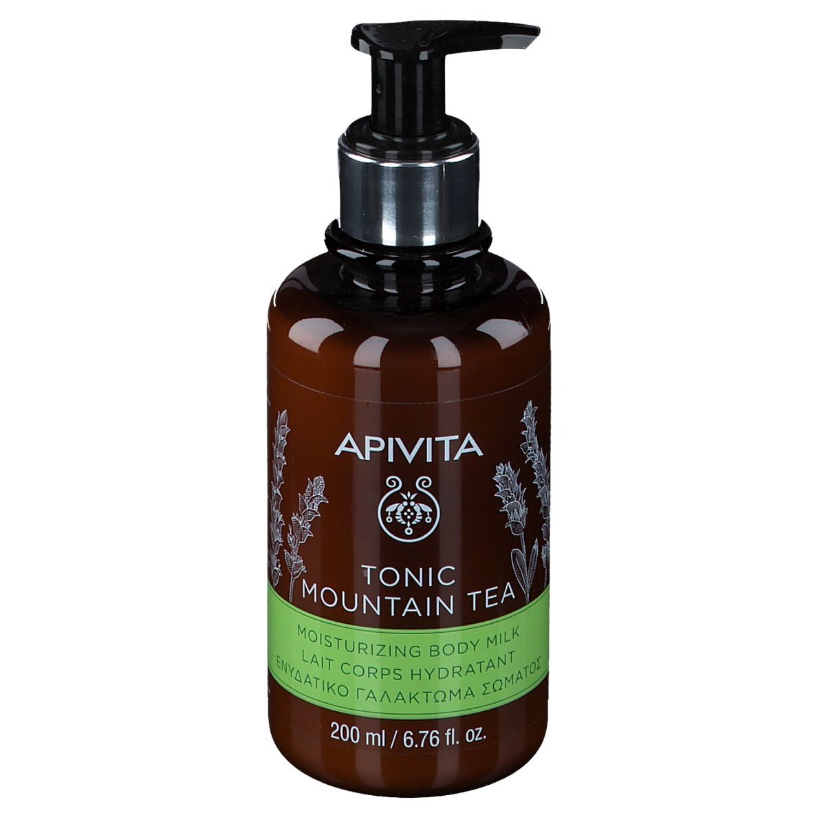 API VITA Tonic Mountain Tea Lait Corps Hydratant dans une bouteille brune avec pompe, 200 ml.