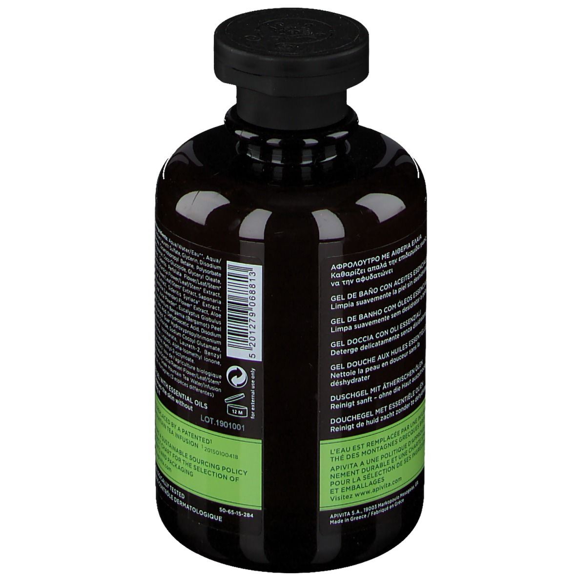 Dos d'un flacon marron avec bouchon noir. Textes multilingues sur les étiquettes. Informations sur les ingrédients et l'origine.