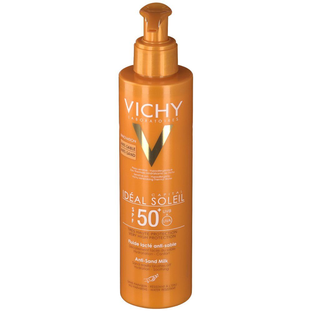 Flacon orange avec pompe. Inscriptions: VICHY, Idéal Soleil, LSF 50+. Anti-Sand Milk.