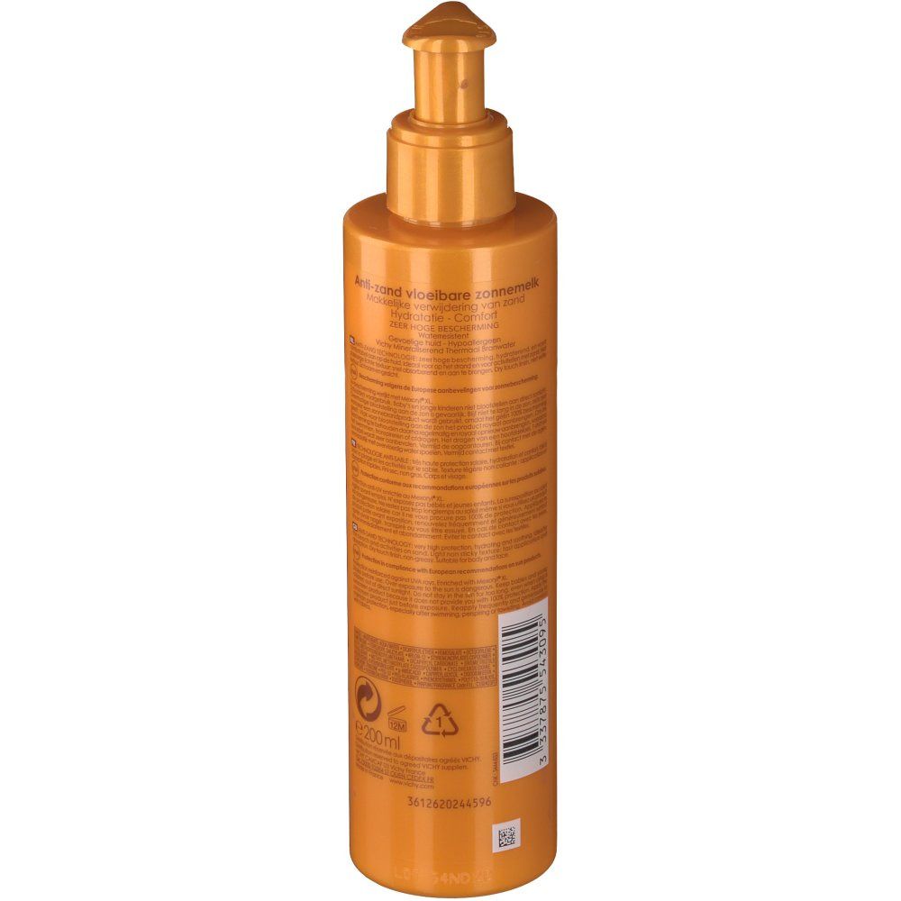 Dos d'un flacon orange avec pompe. Texte et logos.