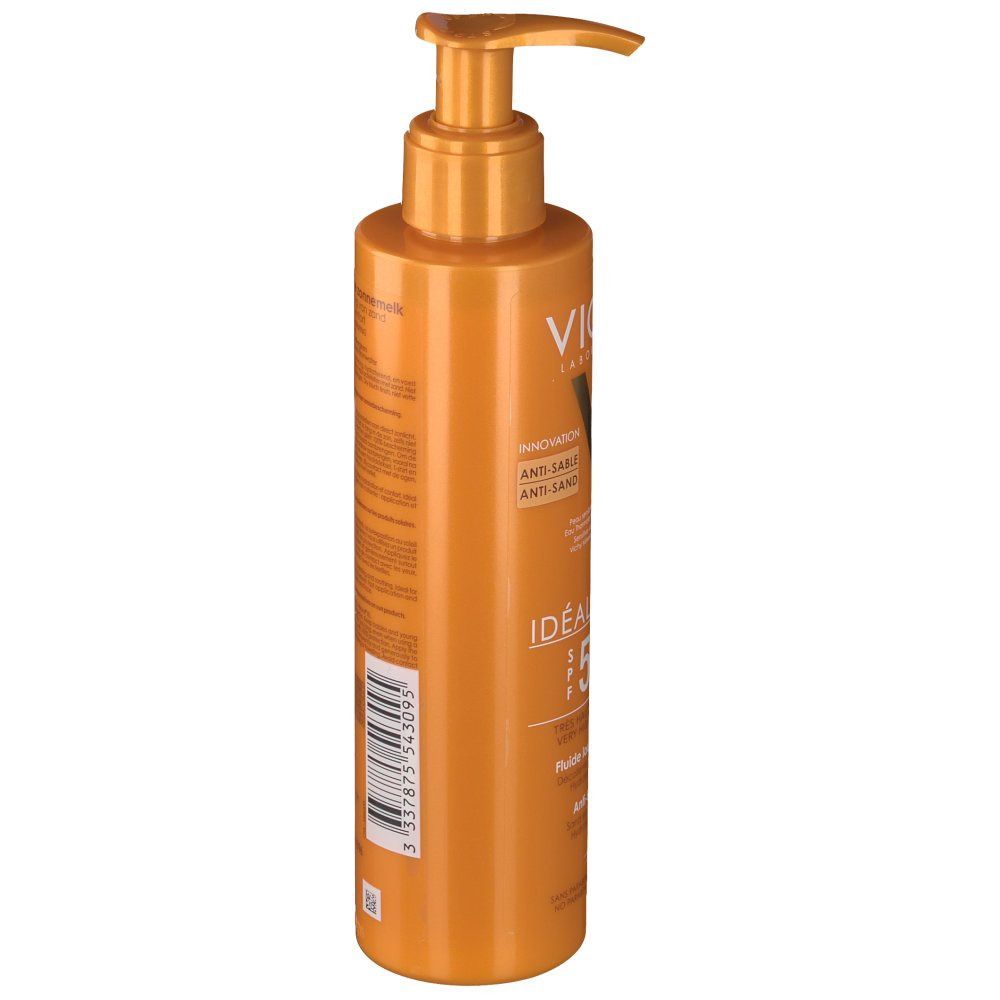 Flacon orange avec pompe. Inscriptions: VICHY, Idéal Soleil, SPF 50+.