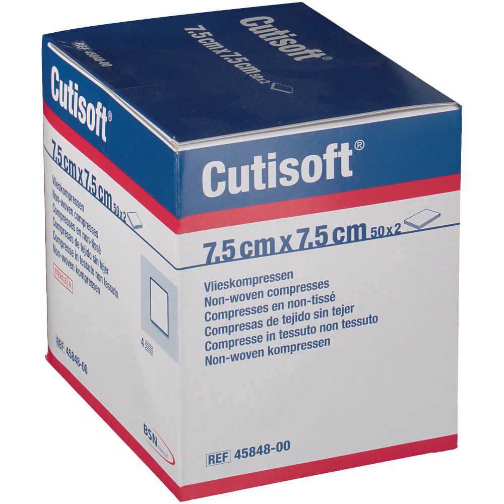 Boîte bleue et blanche 'Cutisoft'. Compresses 7,5 cm x 7,5 cm. Non tissées. BSN Medical. Stérile.