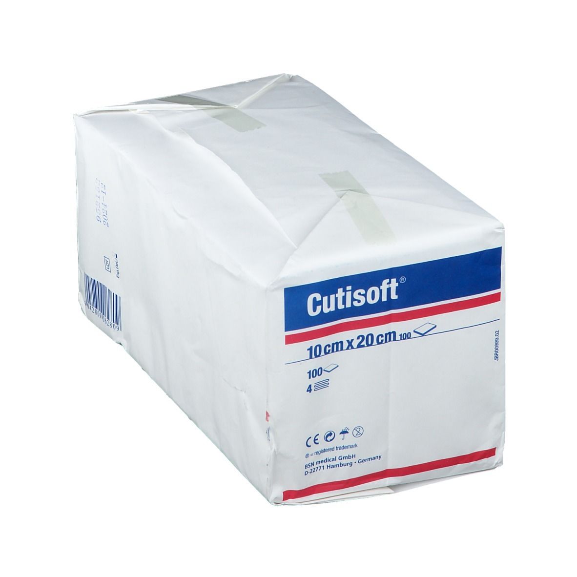 Emballage incliné de compresses Cutisoft 10x20cm. Nom et taille du produit clairement visibles.