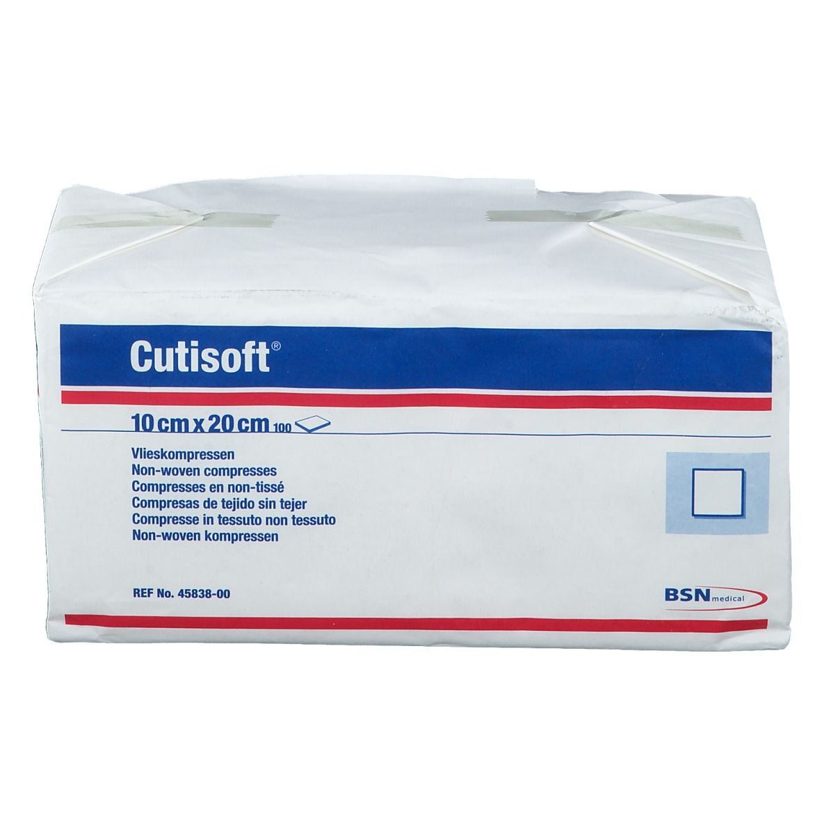 Emballage de compresses Cutisoft 10x20cm. Bandes bleues et rouges, nom du produit et taille visibles.
