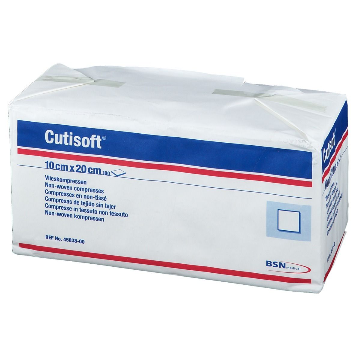 Emballage de compresses Cutisoft 10x20cm. Bandes bleues et rouges, nom du produit et taille visibles.