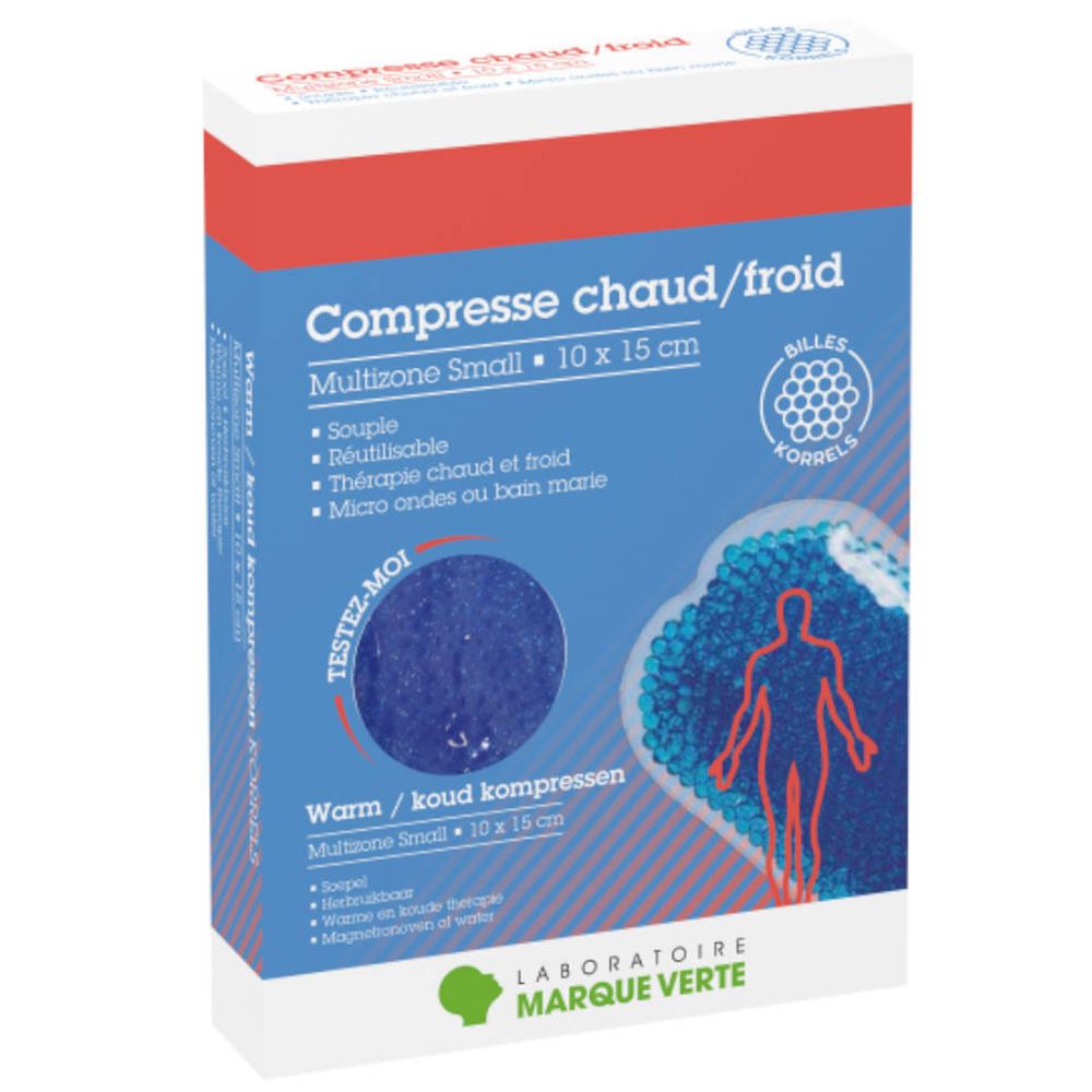 Emballage bleu et rouge. Produit : Compresse chaud/froid Multizone Small 10 x 15 cm. Marque : Laboratoire Marque Verte.