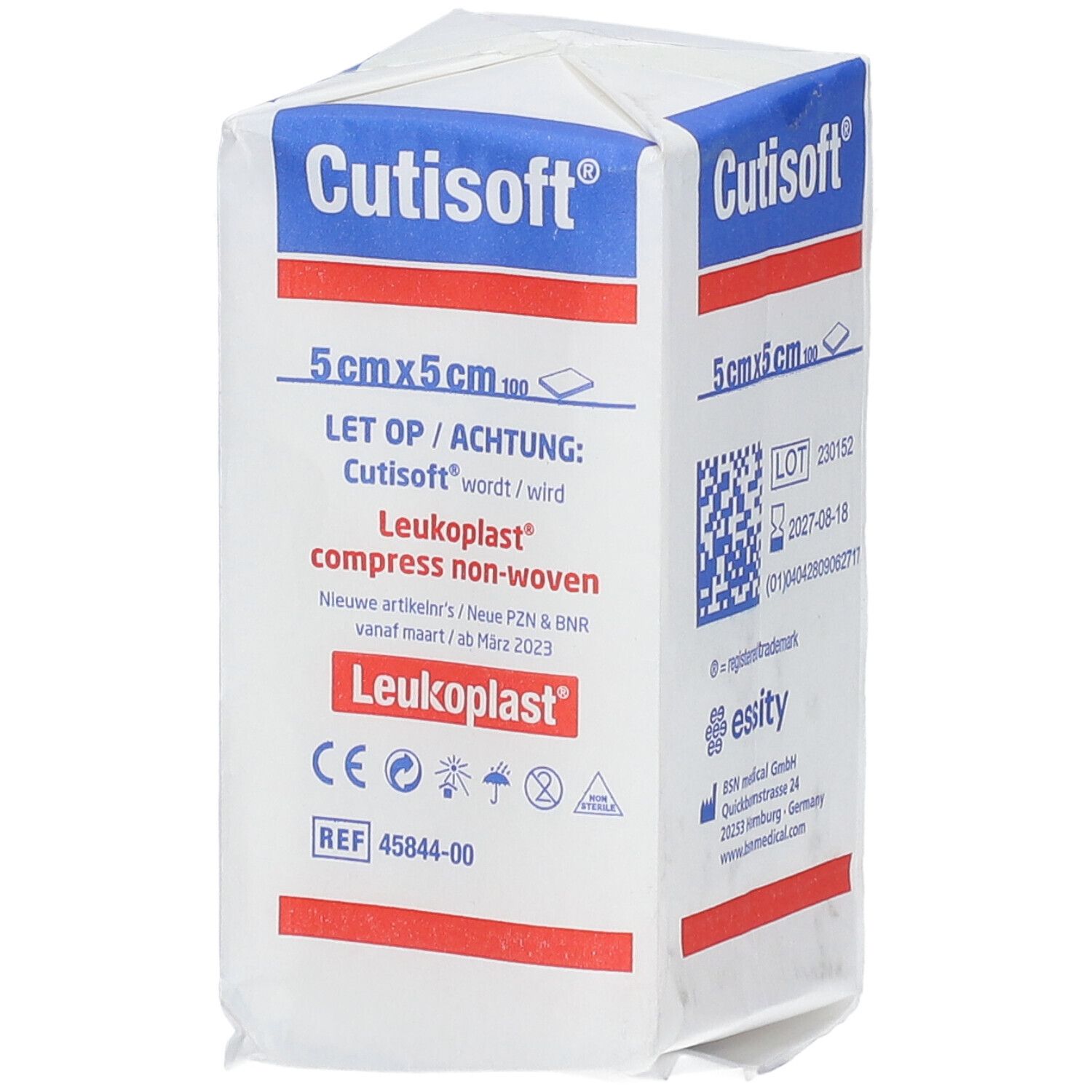 Emballage de compresses non tissées Cutisoft®, 5x5 cm. Inscriptions : Cutisoft®, Leukoplast®, 100 pièces, marquage CE.