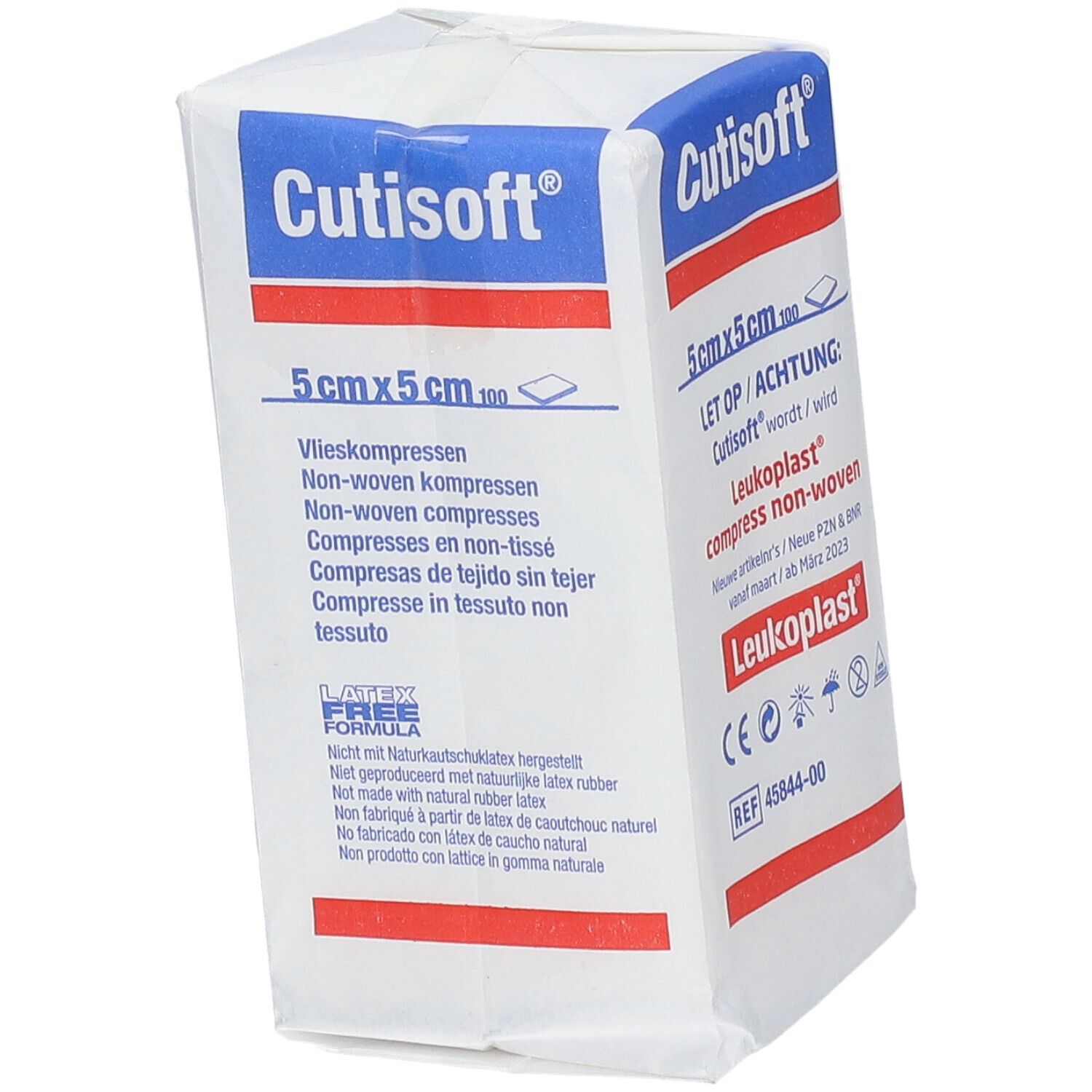 Emballage de compresses non tissées Cutisoft®, 5x5 cm. Inscriptions : Cutisoft®, Leukoplast®, Latex Free Formula, marquage CE.