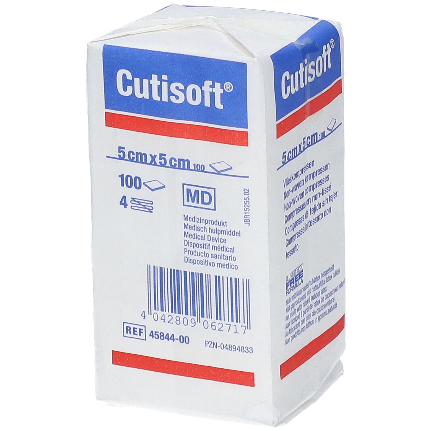 Emballage de compresses non tissées Cutisoft®, 5x5 cm. Inscriptions : Cutisoft®, 100 pièces, MD, marquage CE, code-barres.