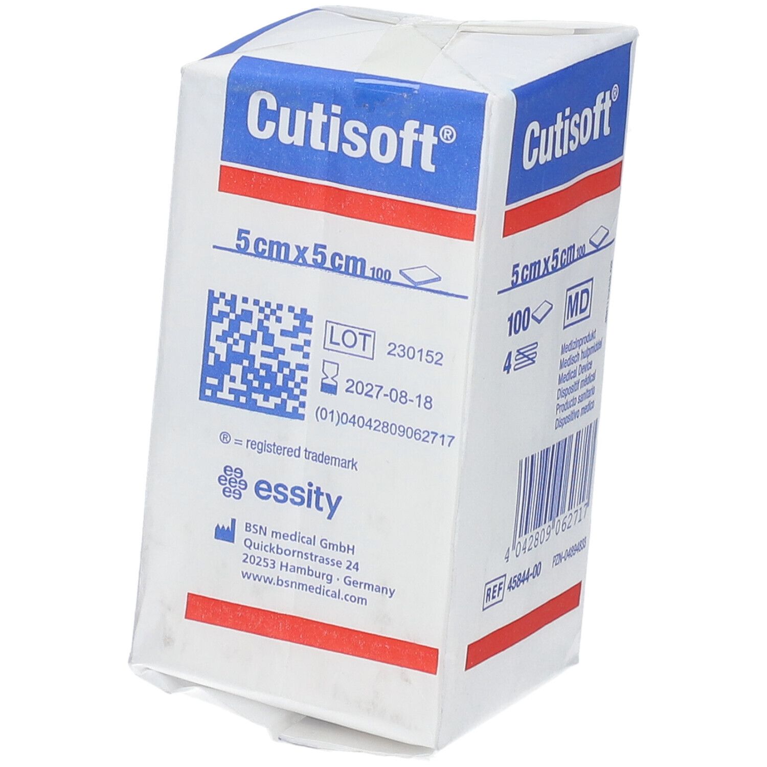 Emballage de compresses non tissées Cutisoft®, 5x5 cm. Inscriptions : Cutisoft®, 100 pièces, MD, marquage CE, code-barres, numéro de lot.