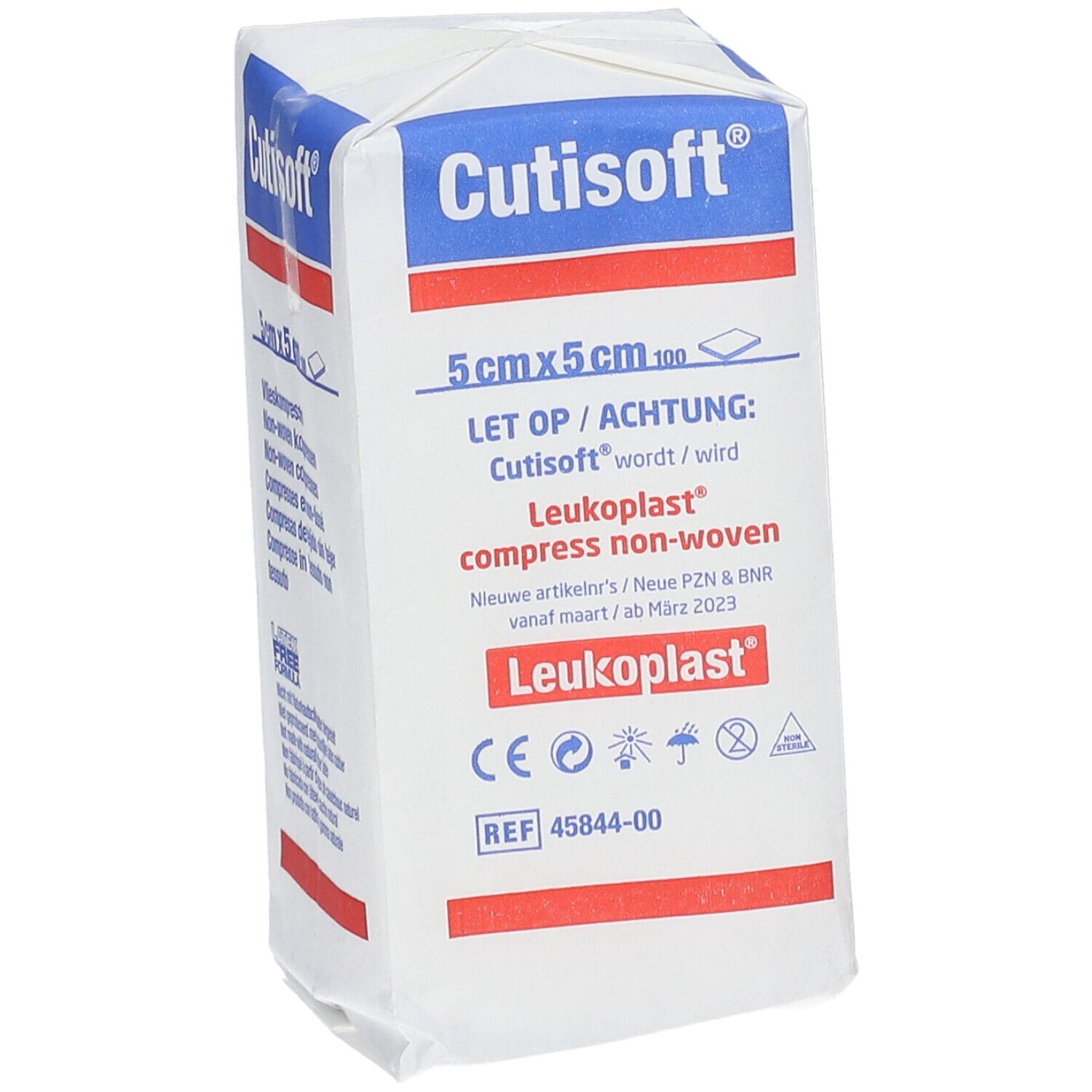 Emballage de compresses non tissées Cutisoft®, 5x5 cm. Inscriptions : Cutisoft®, Leukoplast®, 100 pièces, marquage CE.