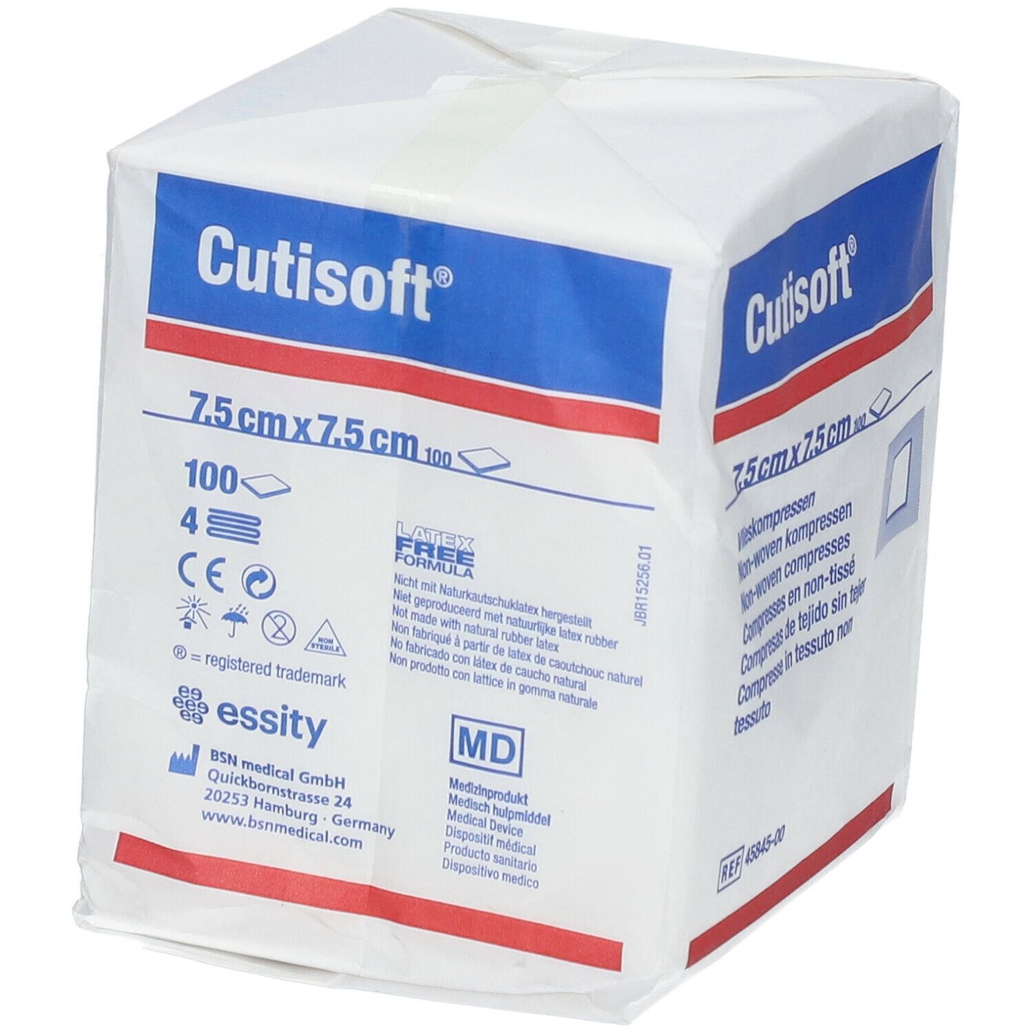 Emballage carré Cutisoft®, compresses non tissées 7,5 cm x 7,5 cm. Emballage blanc avec détails bleus et rouges.