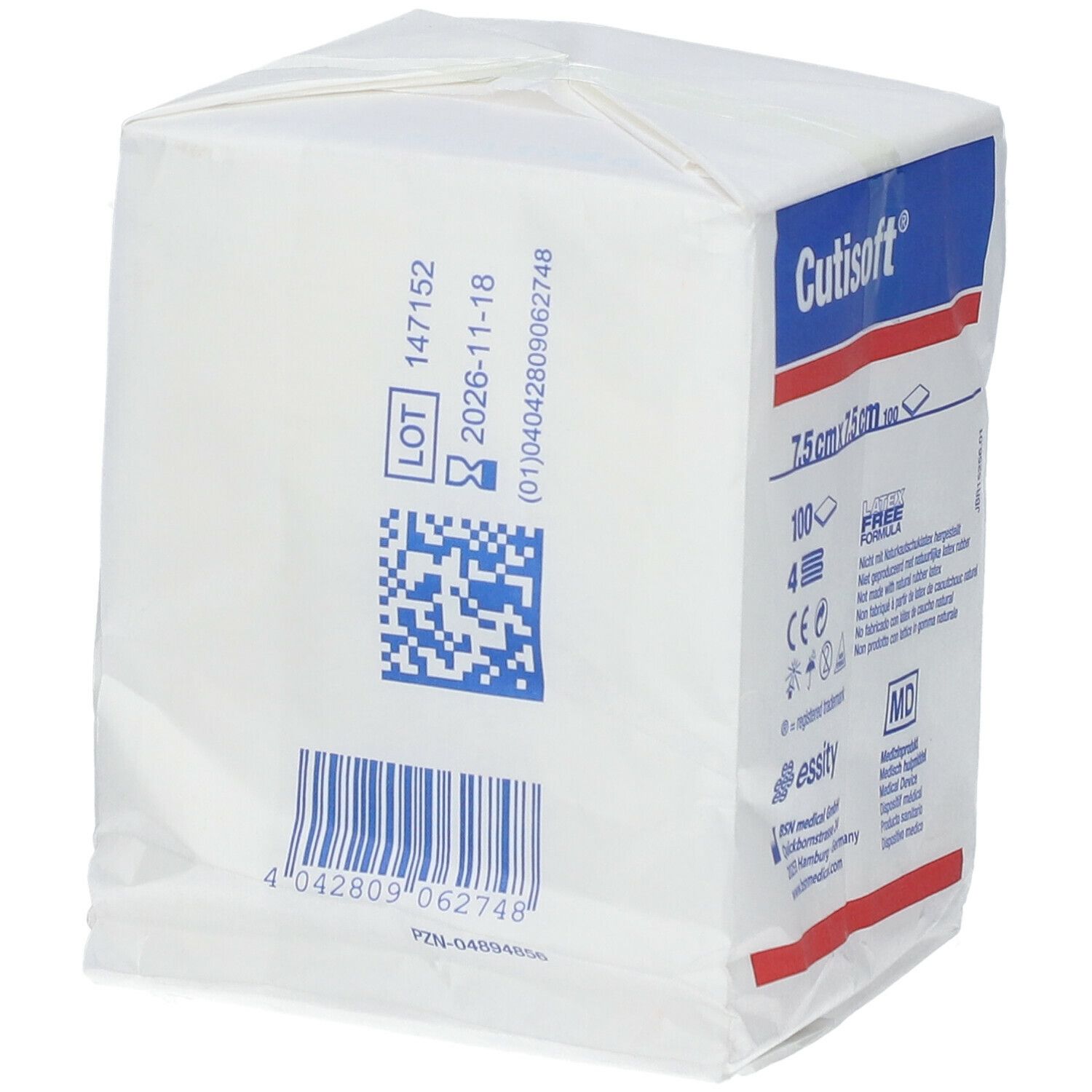 Emballage carré Cutisoft®, compresses non tissées 7,5 cm x 7,5 cm. Emballage blanc avec détails bleus et rouges.