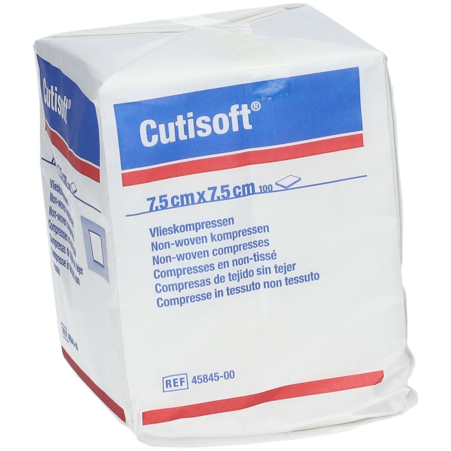Emballage carré Cutisoft®, compresses non tissées 7,5 cm x 7,5 cm. Emballage blanc avec détails bleus et rouges.