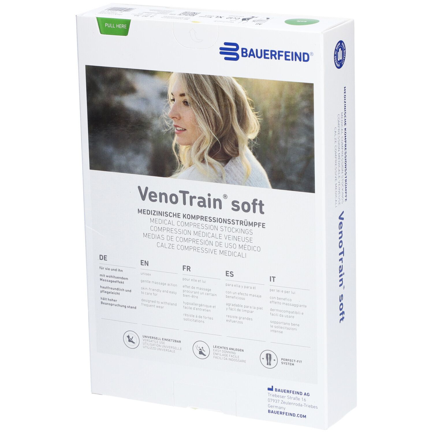 Boîte de bas de compression Bauerfeind VenoTrain soft. Arrière avec informations produit multilingues.