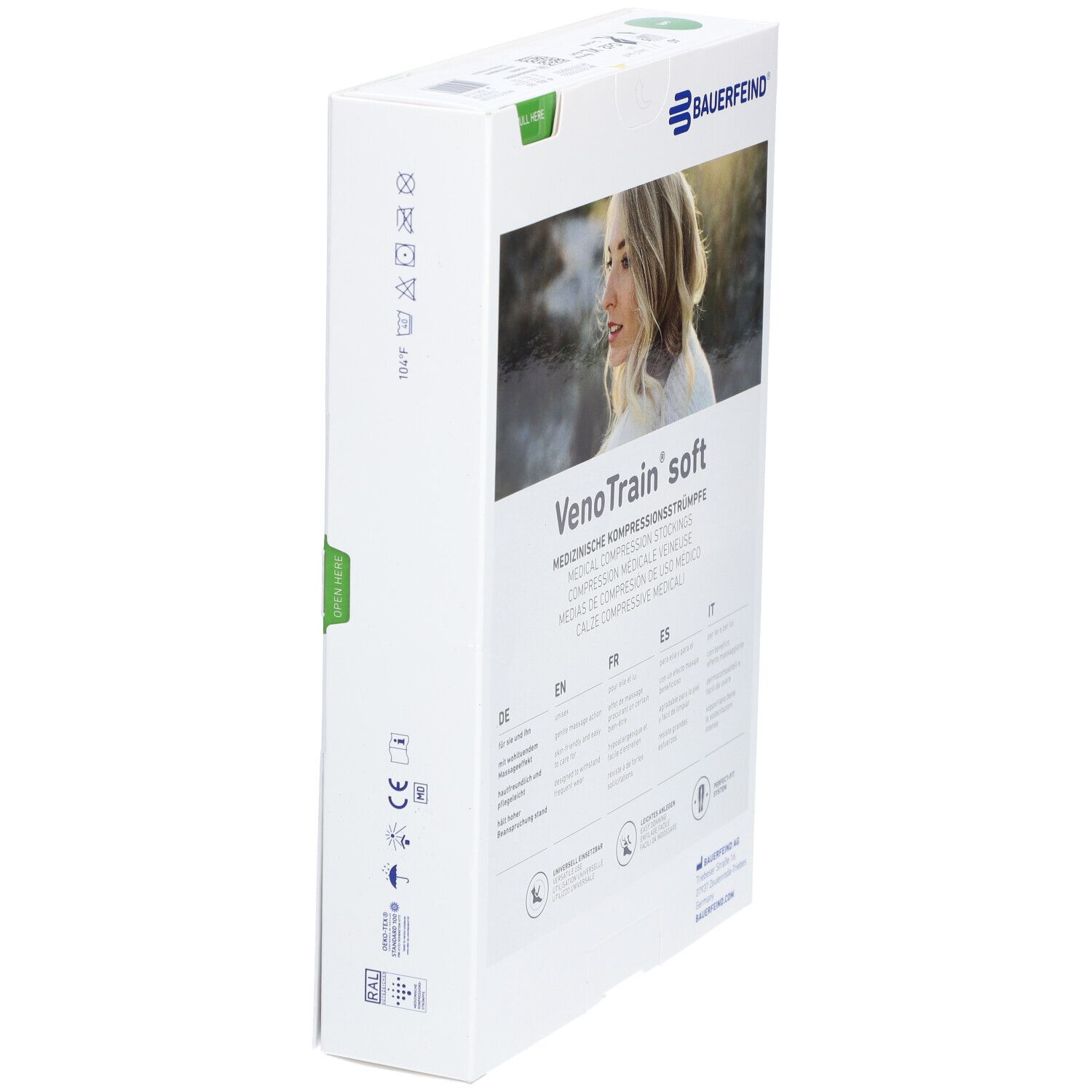 Vue en biais de la boîte de bas de compression Bauerfeind VenoTrain soft. Arrière avec informations produit.