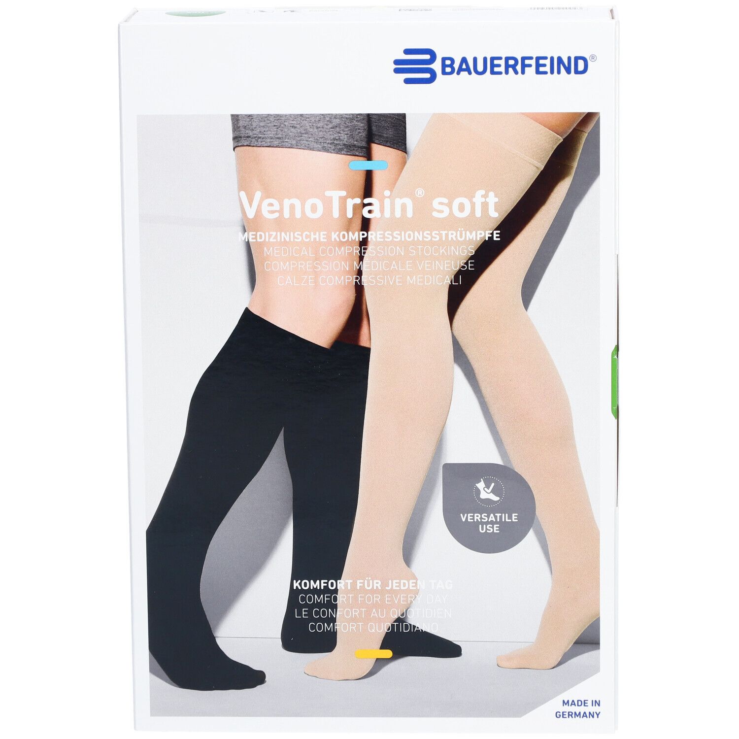Boîte de bas de compression Bauerfeind VenoTrain soft. Deux jambes, une noire, une beige. Versatile Use.