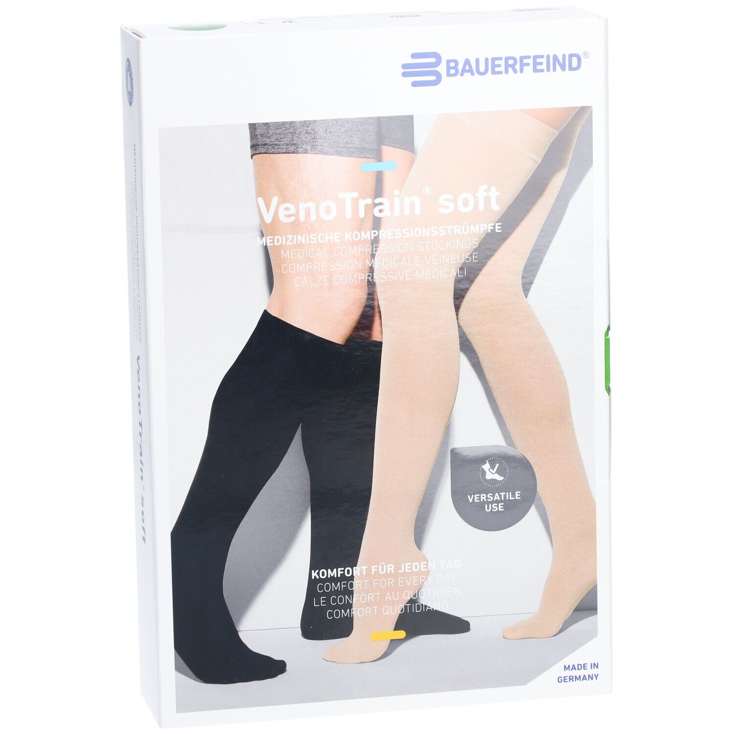 Boîte de bas de compression Bauerfeind VenoTrain soft. Deux jambes, une noire, une beige. Versatile Use.