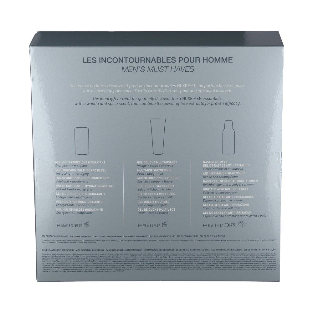 Dos du coffret cadeau. Texte multilingue. Illustrations des produits inclus. Logo et noms des produits.