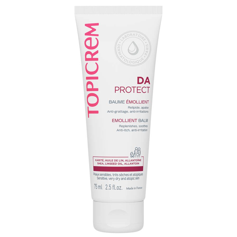 Tube de baume émollient blanc avec texte rose et noir. Contient le nom du produit et le texte: DA Protect, Baume Émollient, 75 ml.