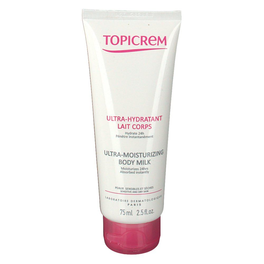 Tube blanche et rose. Texte: TOPICREM, Ultra-Hydratant Lait Corps, Ultra-Moisturizing Body Milk. 75ml.