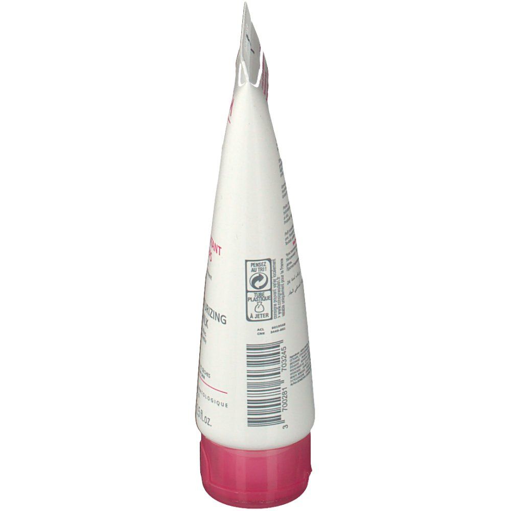 Tube blanc, vue latérale. Bouchon rose. Texte et symboles. Symbole de recyclage.