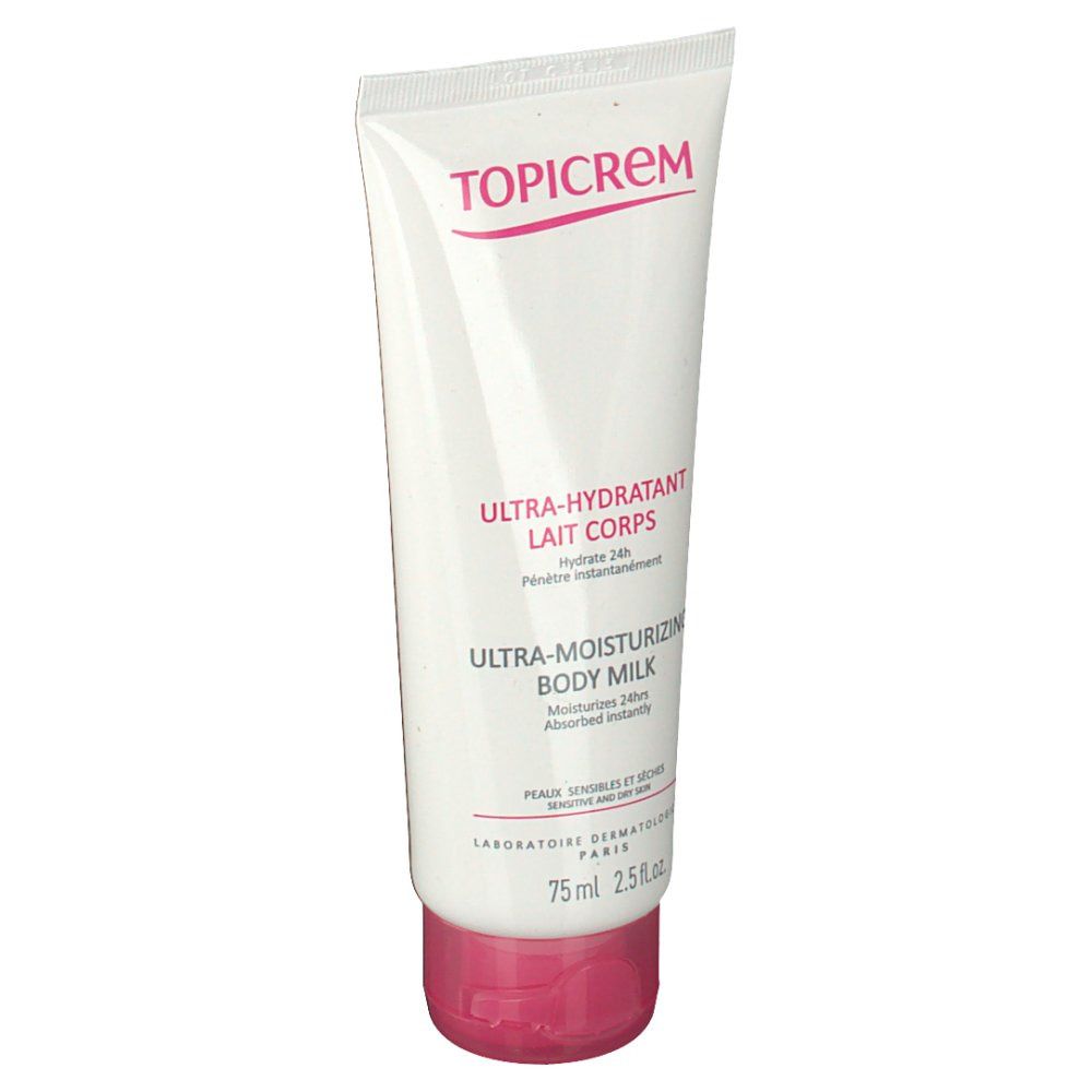 Tube blanc et rose. Texte: TOPICREM, Ultra-Hydratant Lait Corps, Ultra-Moisturizing Body Milk. 75ml.