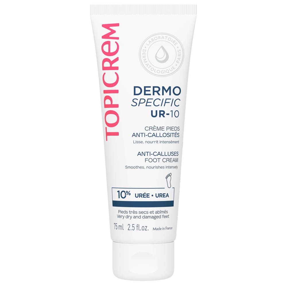 Tube blanc avec texte rouge et bleu. Crème pour les pieds. Inscription : TOPICREM DERMO-SPECIFIC UR-10 Crème pieds anti-callosités. 75 ml.