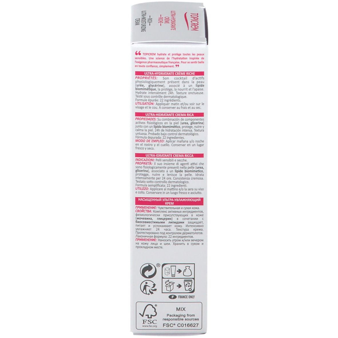 Emballage. Texte multilingue. Certification FSC. Marque TOPICREM.