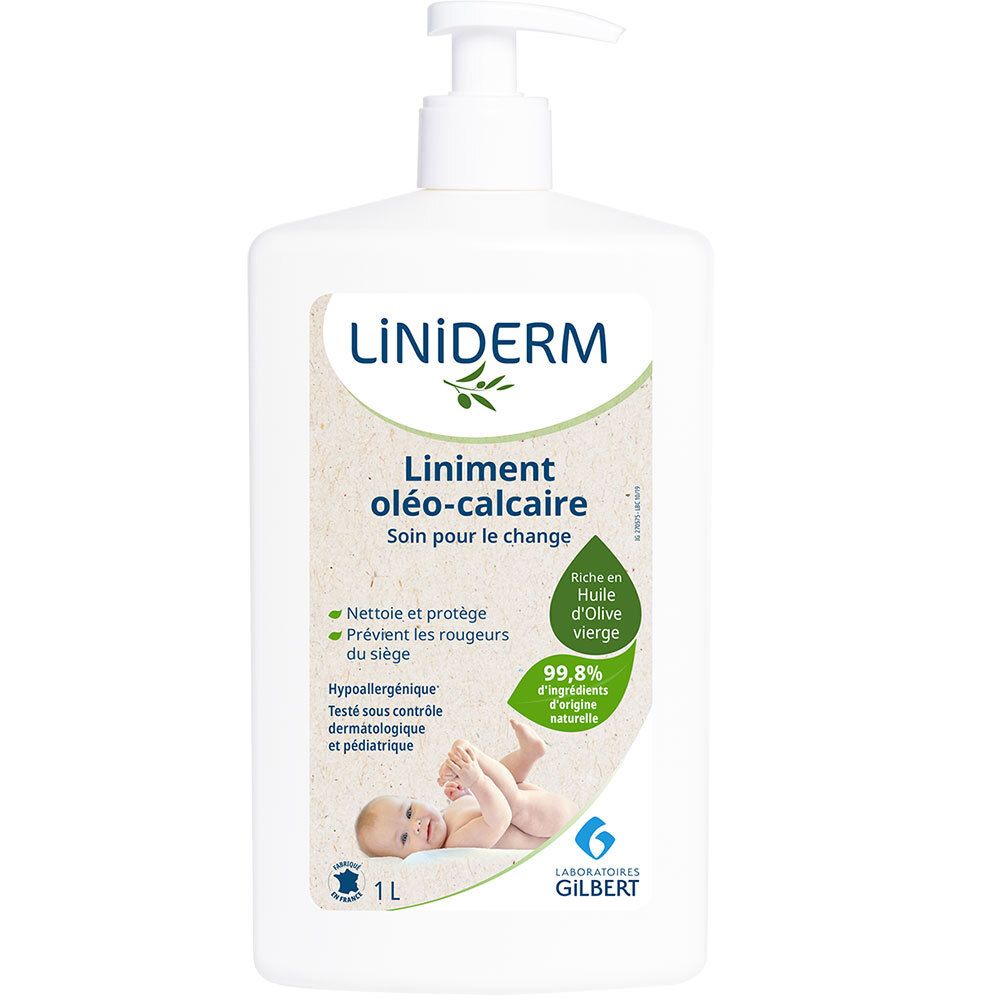 Flacon blanc LINIDERM, pompe. Inscription: 'Liniment oléo-calcaire, soin pour le change'. Contient 99,8% d'ingrédients naturels. Image de pieds de bébé.