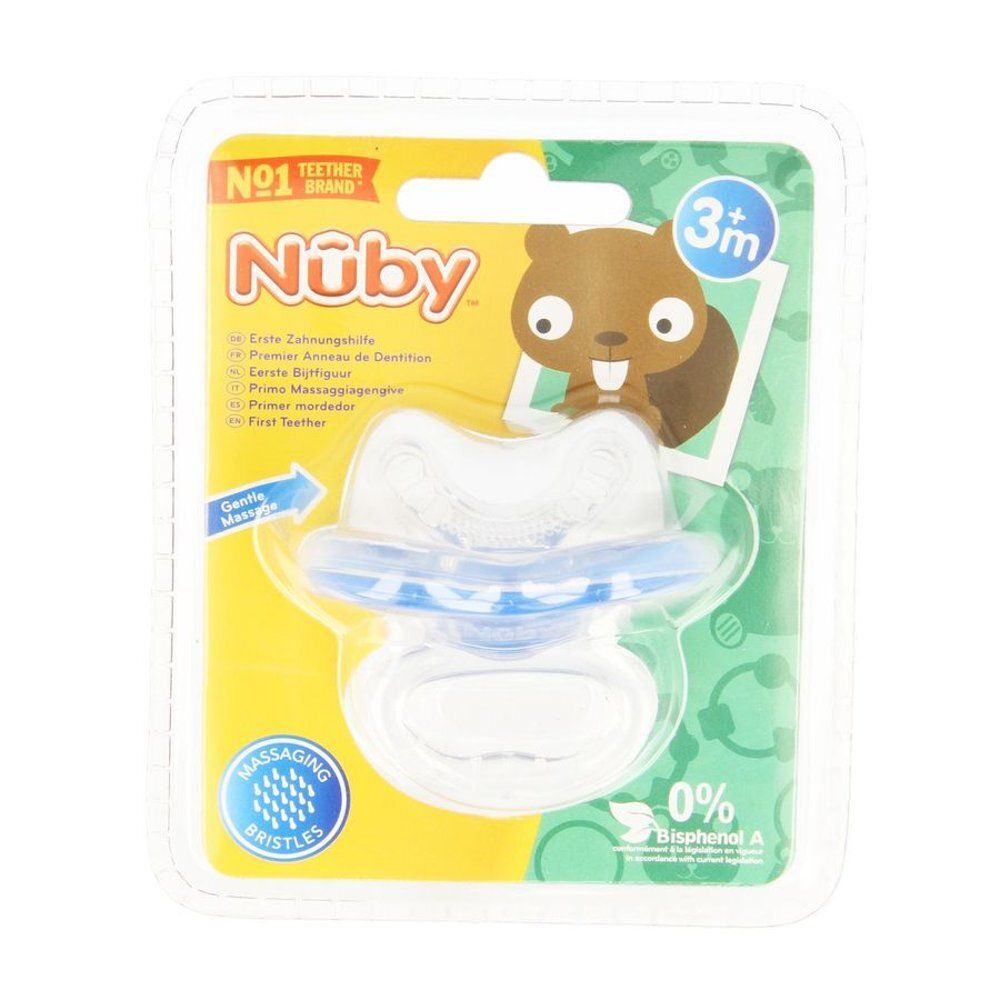 Anneau de dentition Nuby bleu, pour bébés dès 3 mois.