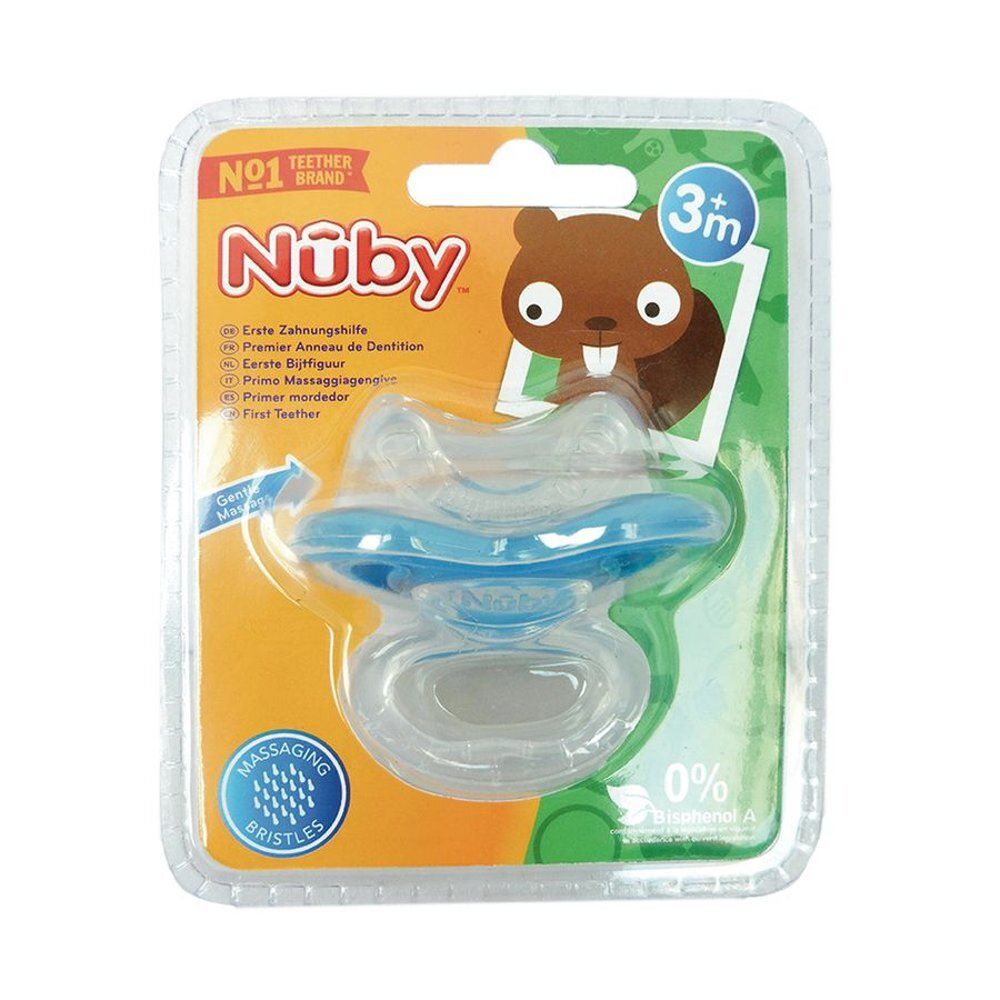 Anneau de dentition Nuby avec poils massants, 3+ mois, bleu et transparent.