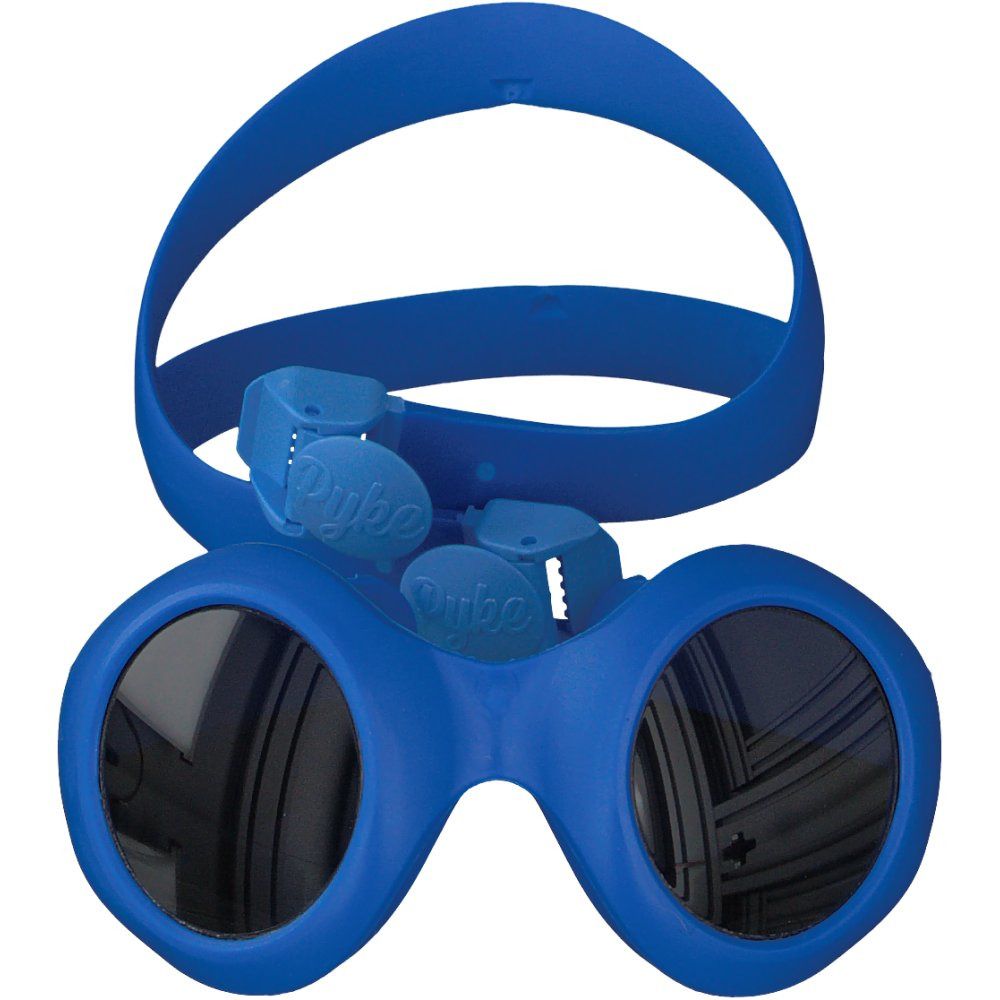 Lunettes de soleil bleu foncé avec bandeau. Verres ronds, support avec logo Pyke. Pour bébés et jeunes enfants.