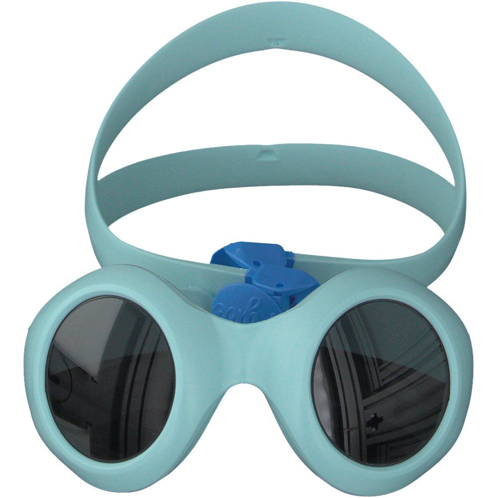 Lunettes de soleil bébé vert clair avec verres ronds et bandeau bleu. Dispositif de réglage bleu. Verres ronds.