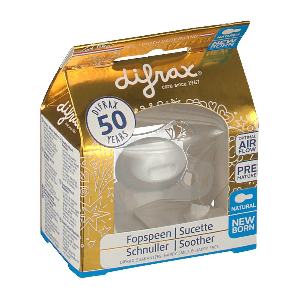 Emballage doré avec une sucette. Visible : marque Difrax, nom du produit, 'Natural Newborn'.