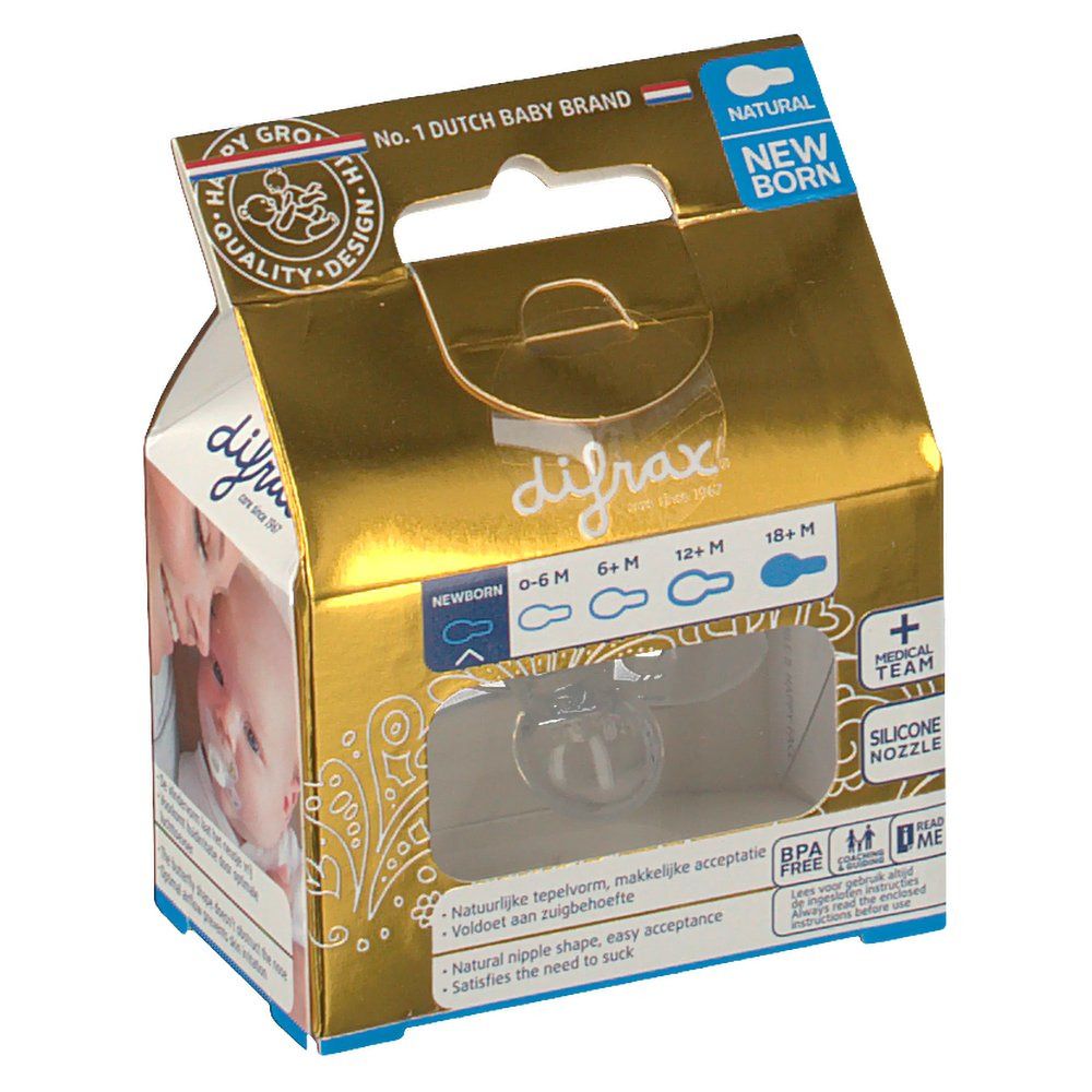 Emballage doré avec une sucette. Visible : marque Difrax, nom du produit, 'Natural Newborn'.