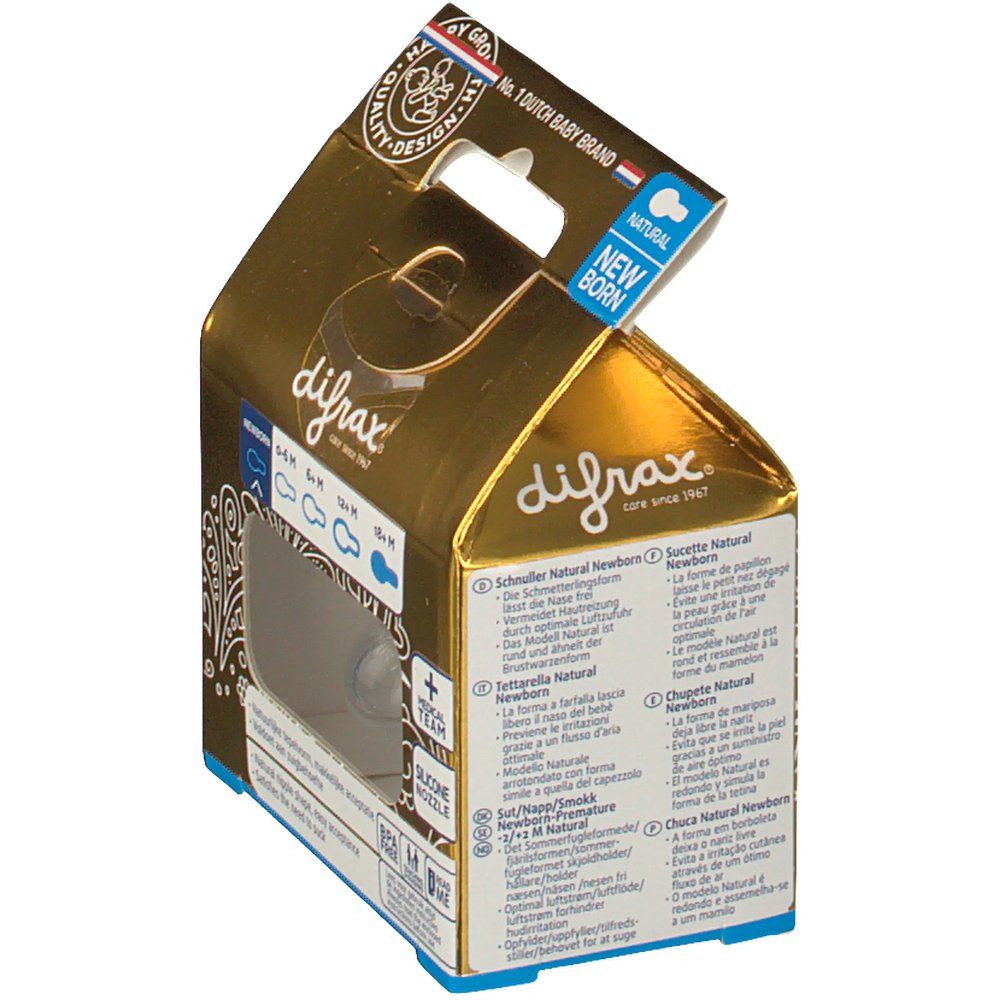 Emballage doré avec une sucette. Visible : marque Difrax, nom du produit, 'Natural Newborn'.