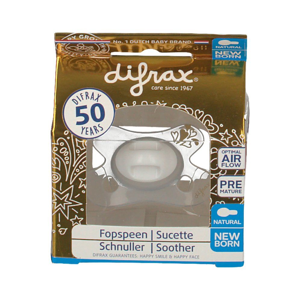 Emballage doré avec une sucette. Visible : marque Difrax, nom du produit, 'Natural Newborn'.
