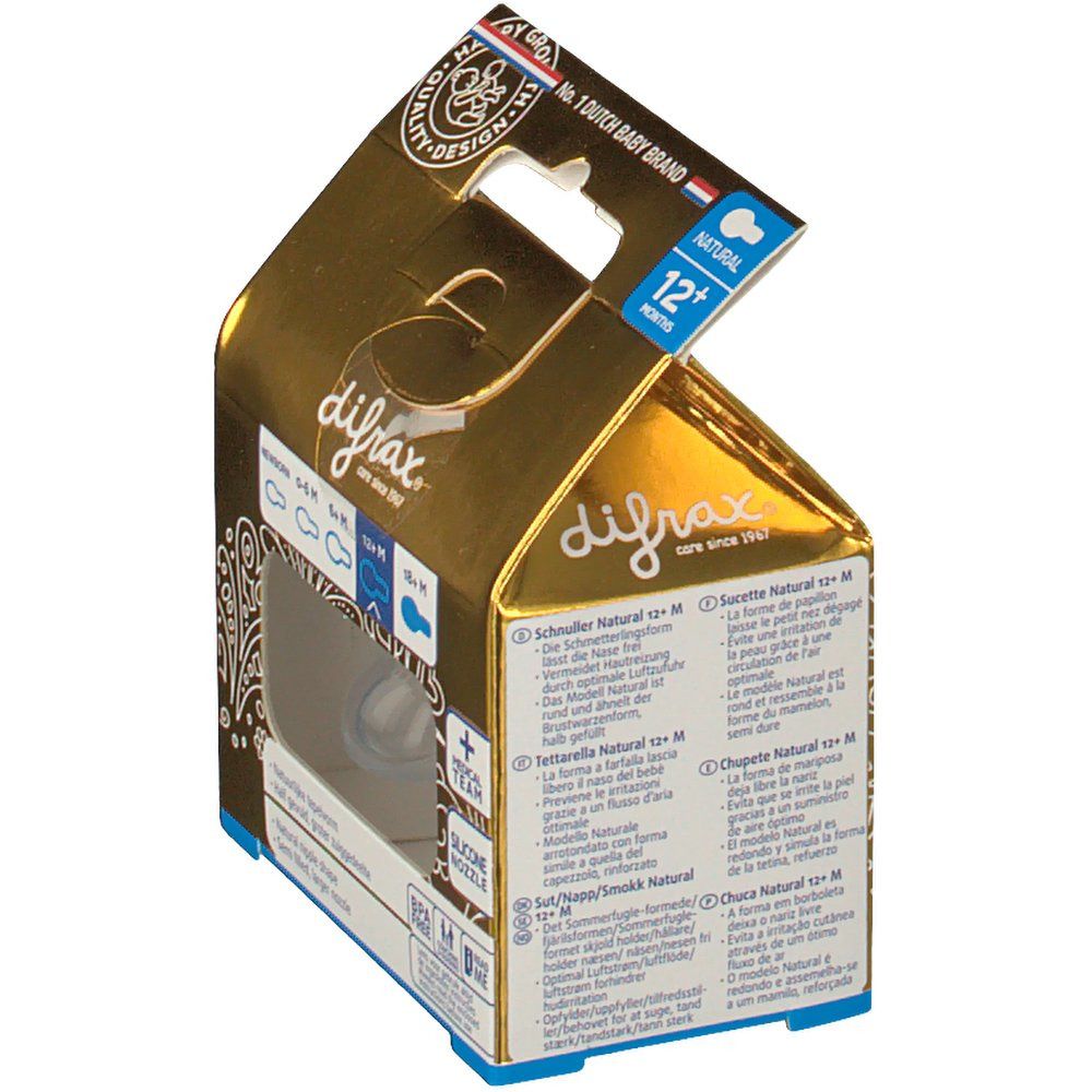 Emballage de sucette difrax. Fenêtre montrant la sucette. Texte: Natural, 12+ mois. Tétine en silicone.