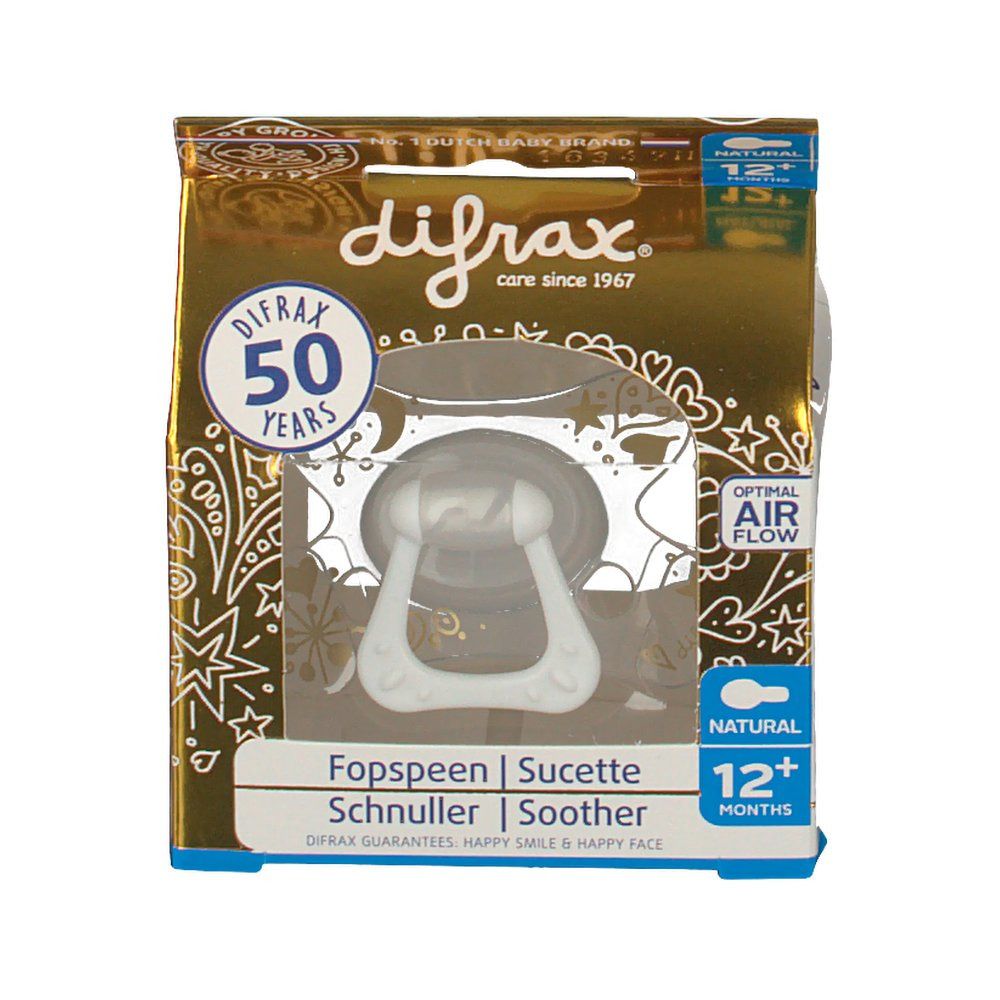 Emballage de sucette difrax. Fenêtre montrant la sucette. Texte: Natural, 12+ mois. Flux d'air optimal.