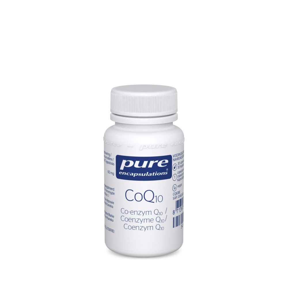 Flacon blanc avec étiquette bleue. Inscription: pure encapsulations, CoQ10. Capsules.