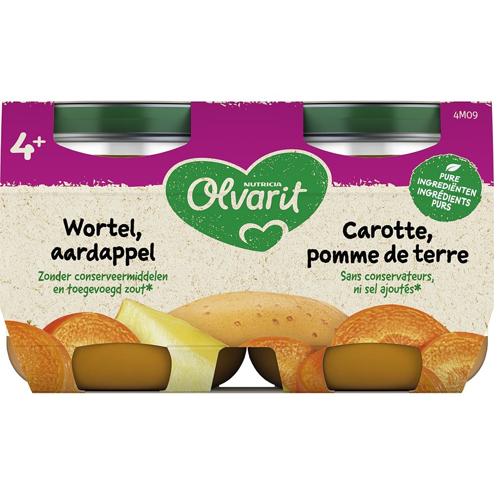 Emballage de 2 pots de purée carotte et pomme de terre. Marque Olvarit. 4+. Sans conservateurs, sans sel ajouté.