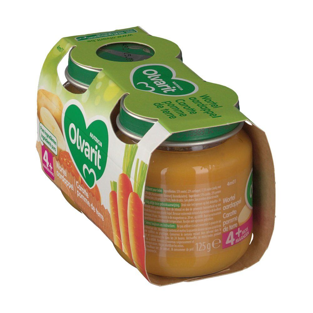 4 pots de purée carotte et pomme de terre. Emballage vert et marron. Marque Olvarit. Couvercles verts.