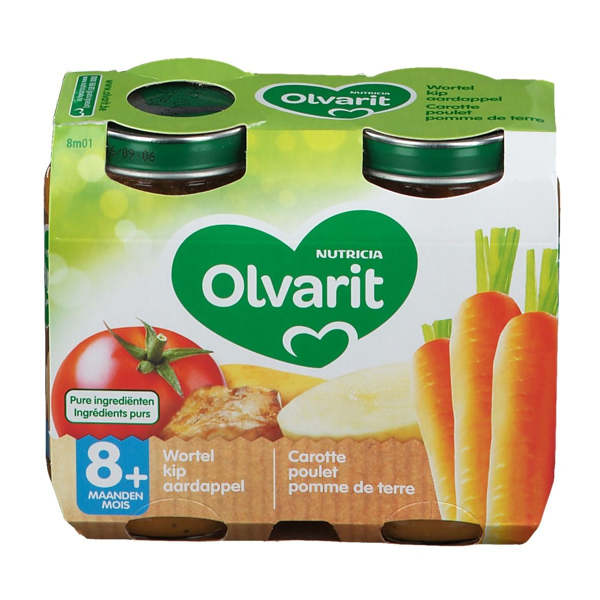 Emballage de pots de nourriture pour bébés. Inscription : NUTRICIA Olvarit, carotte, poulet et pommes de terre. 8+ mois.