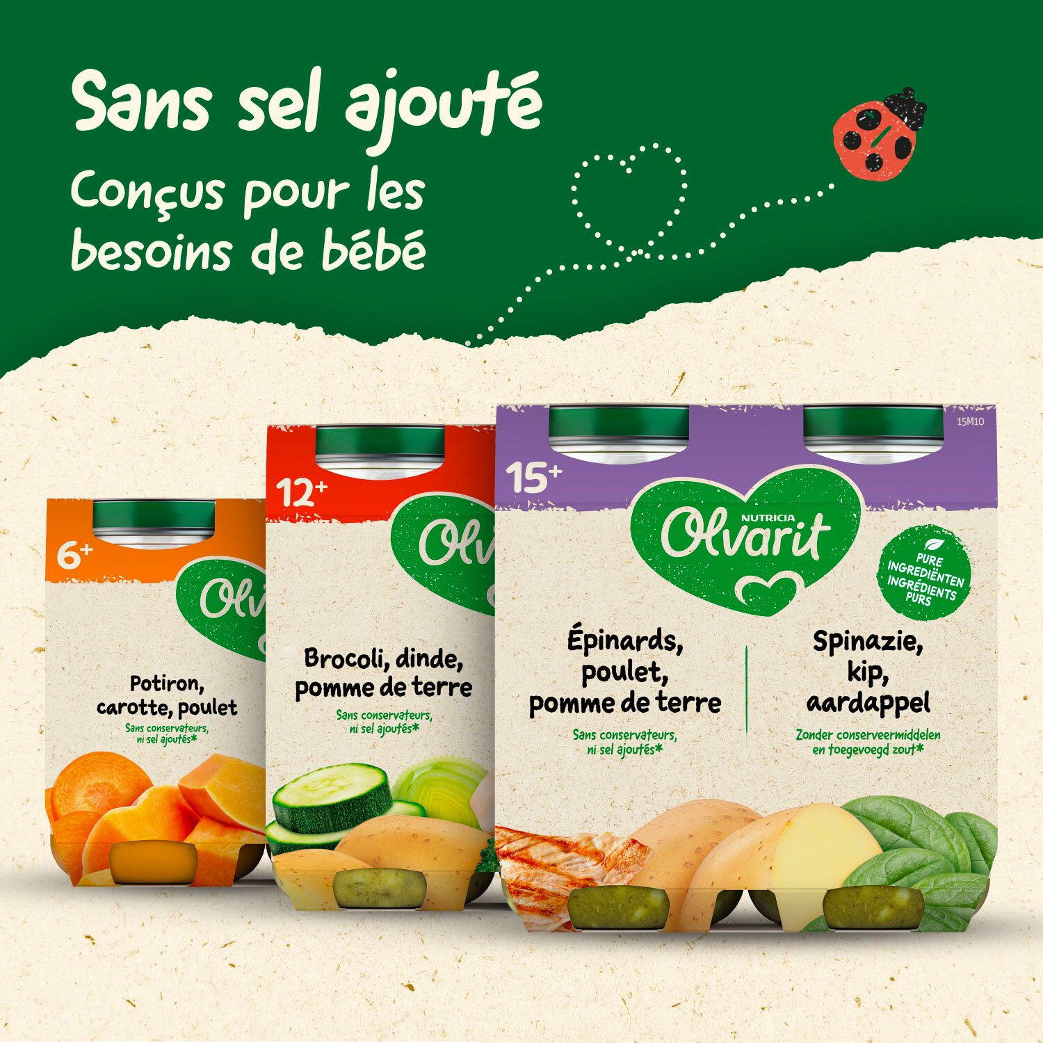 Emballage de nourriture pour bébés. Carotte, poulet et pommes de terre. 8+ mois. Liste des ingrédients.