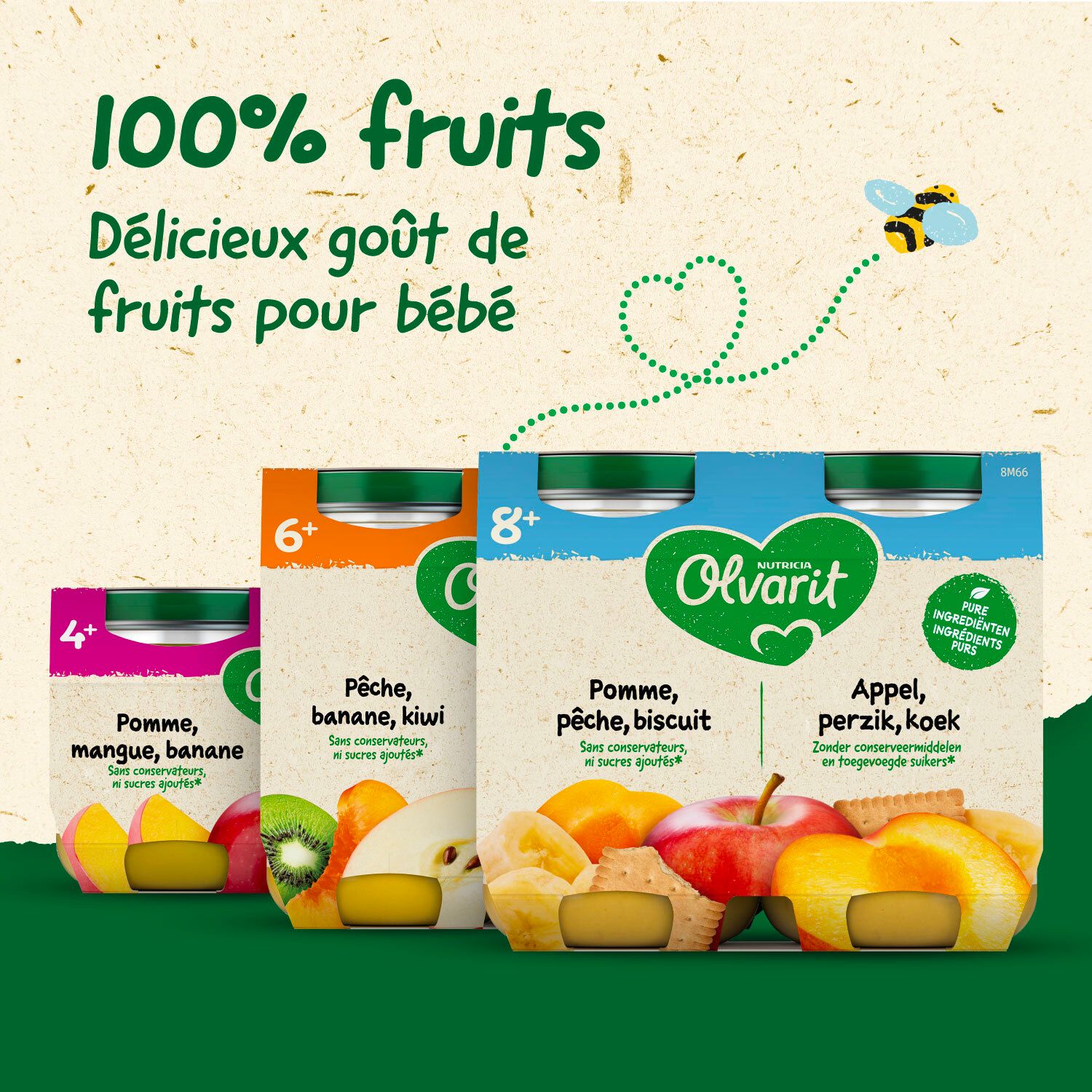 Plusieurs aliments pour bébés Olvarit. Inscriptions : 4+, 6+, 8+, ingrédients, mangue, banane, kiwi, pomme, pêche, biscuit.