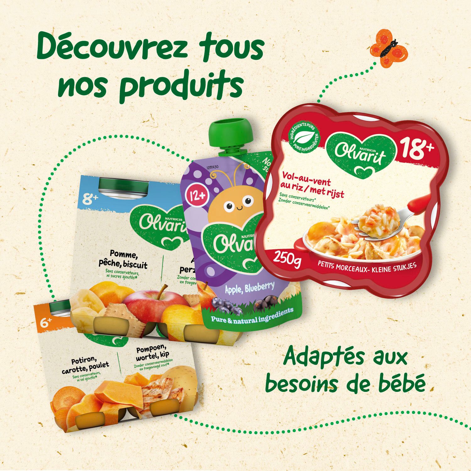 Divers aliments pour bébés Olvarit. Inscriptions : 8+, 12+, 18+, ingrédients, potiron, carotte, poulet.