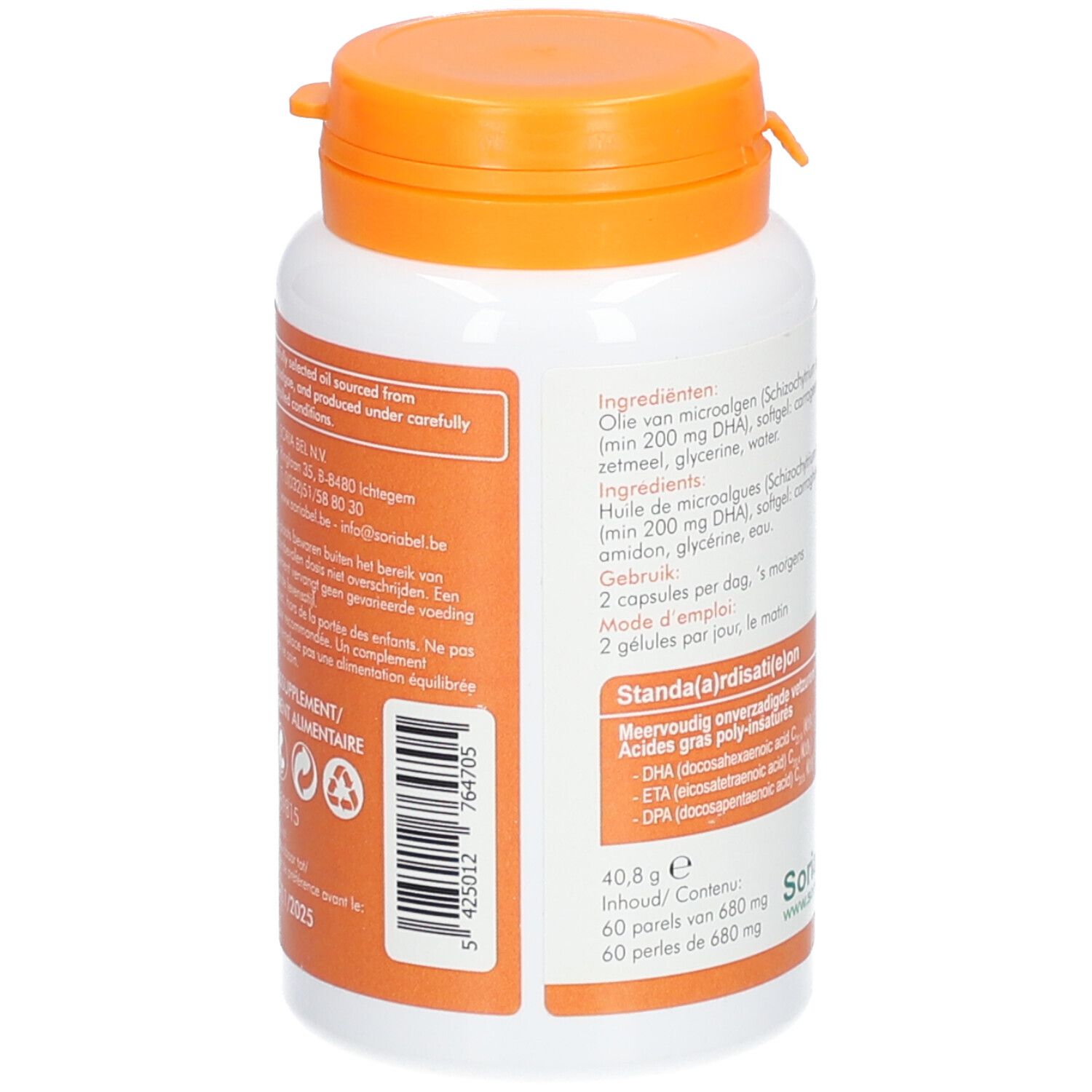 Dos du flacon blanc à bouchon orange. Contient des informations sur les ingrédients et le dosage. Marque SoriaBel.