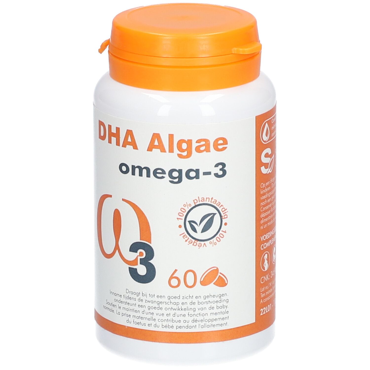 Flacon blanc à bouchon orange. Inscription DHA Algae omega-3. Contient 60 gélules. Logo ingrédients végétaux.