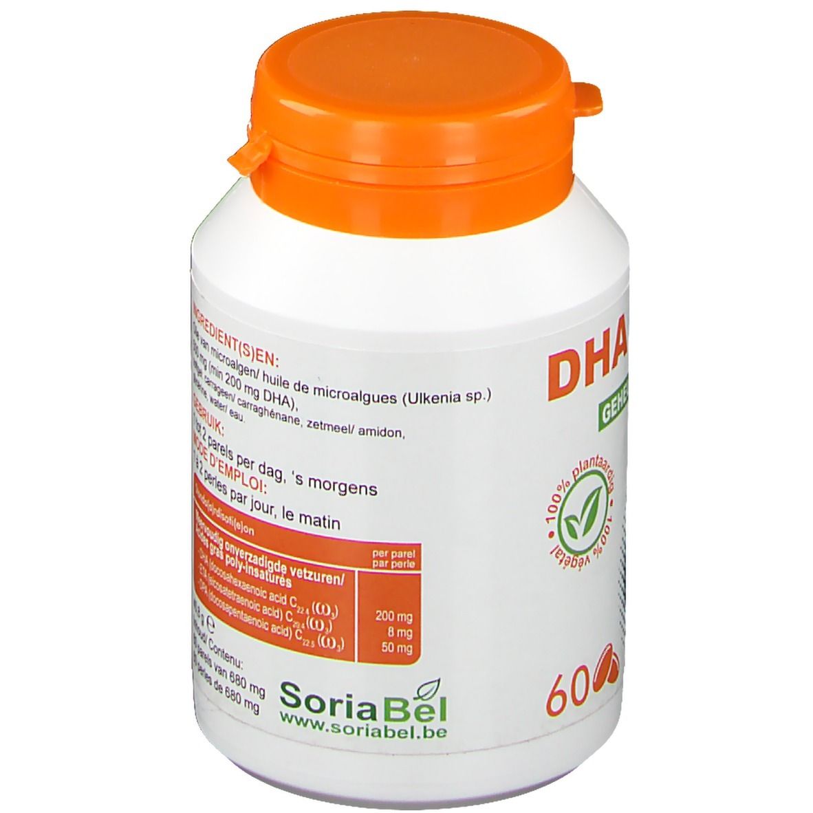 Flacon blanc à bouchon orange. Contient des informations sur les ingrédients et les valeurs nutritionnelles. Marque SoriaBel. Contient 60 gélules.
